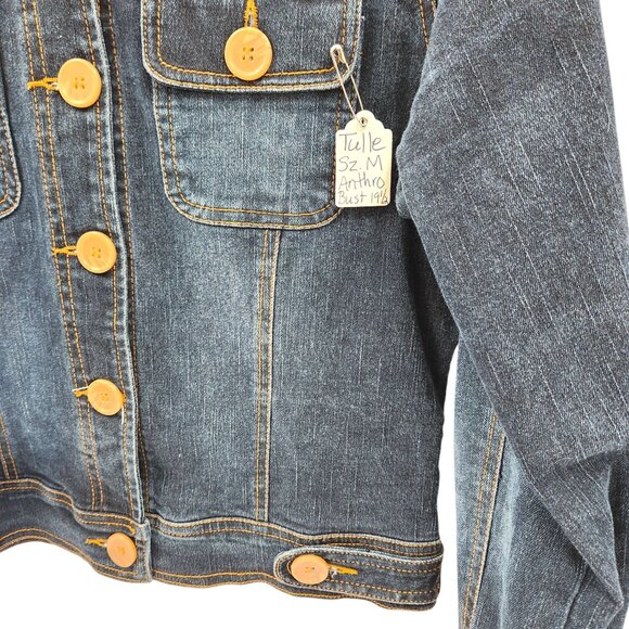 Anthropologie Tulle Jean Jacket Contrast Stitch Detail Button Front Nehru Collar - Picture 7 of 11